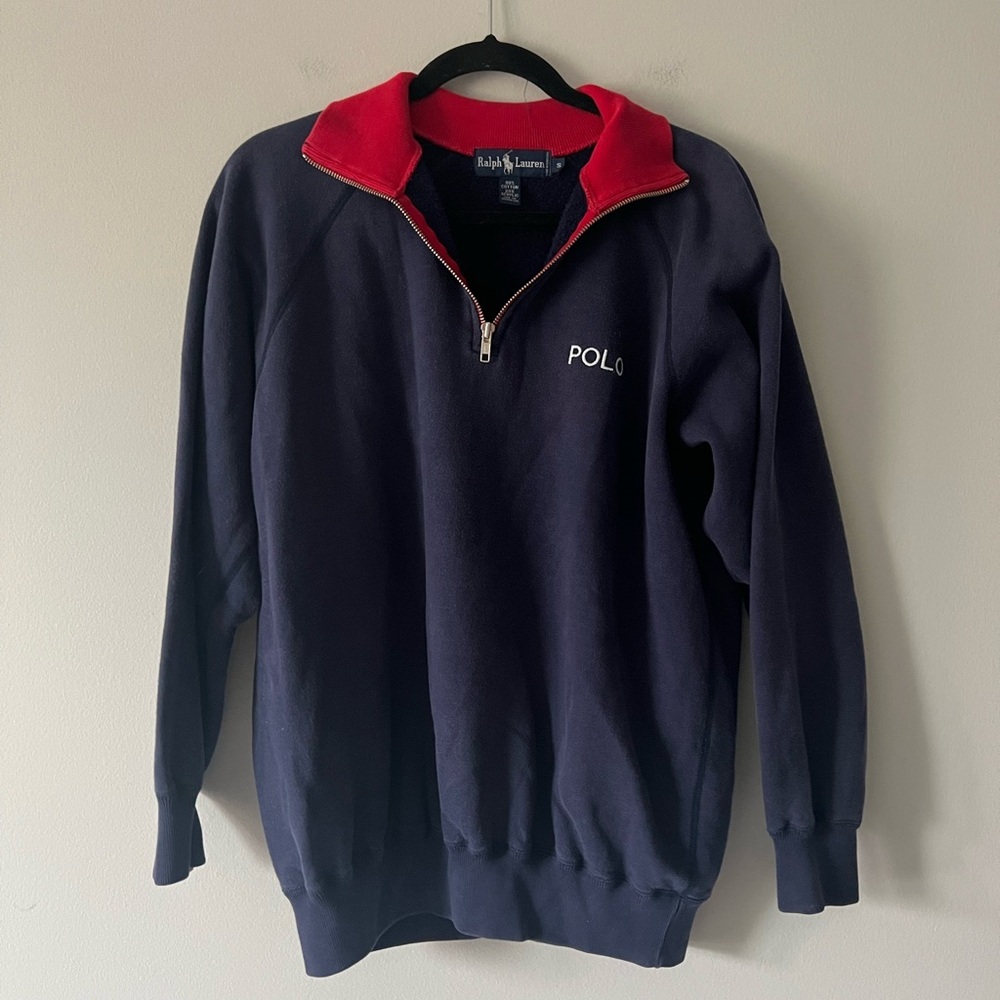 Ralph Lauren Polo Quarter Zip Sweatshirt Navy Red Collar Small Vintage Y2K